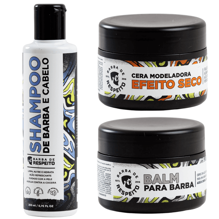 Kit Estilo - Shampoo + Cera Para Cabelos + Balm Para Barba - Linha Essencial