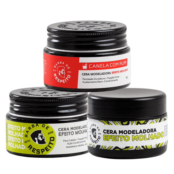 Kit Trio de Ceras Modeladoras Efeito Molhado – Para Cabelos - Barba de Respeito