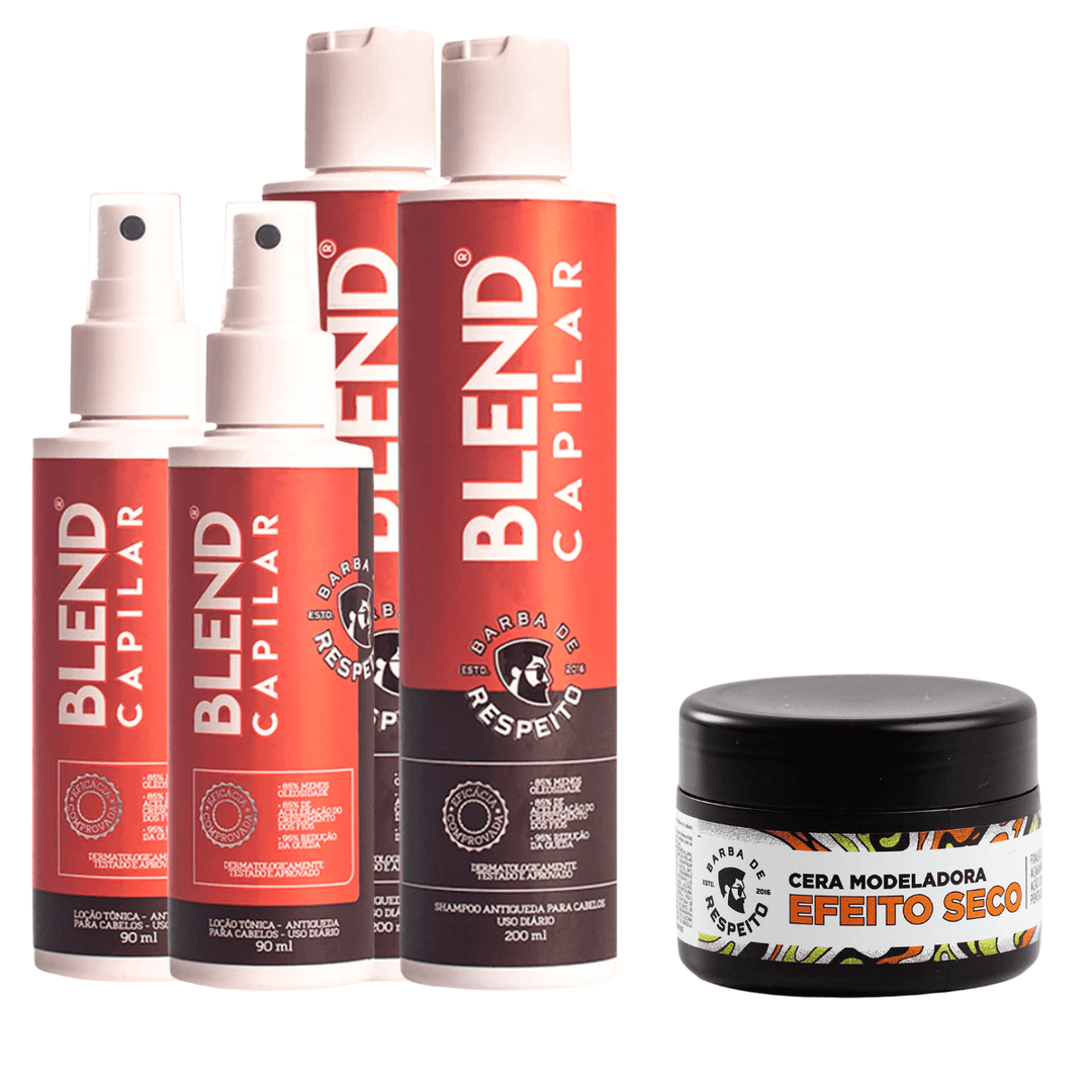 Blend Capilar - Tônico pró Crescimento + Shampoo Antiqueda 2 Meses + Cera de Brinde -  Barba de Respeito