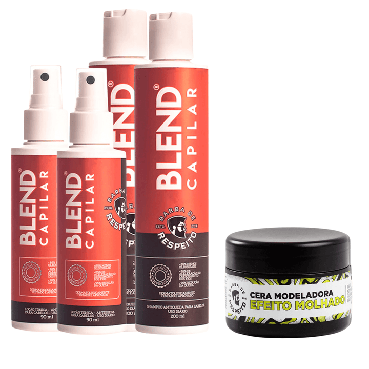 Blend Capilar - Tônico pró Crescimento + Shampoo Antiqueda 2 Meses + Cera de Brinde -  Barba de Respeito