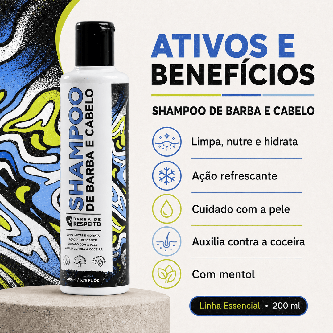 Shampoo de Barba 200ml - Linha Essencial - Barba de Respeito