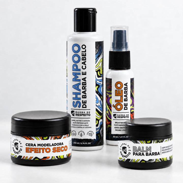 Kit Essencial do Barbudo Moderno - Shampoo 200ml + Óleo 30 ml + Balm 55g + Cera 55g