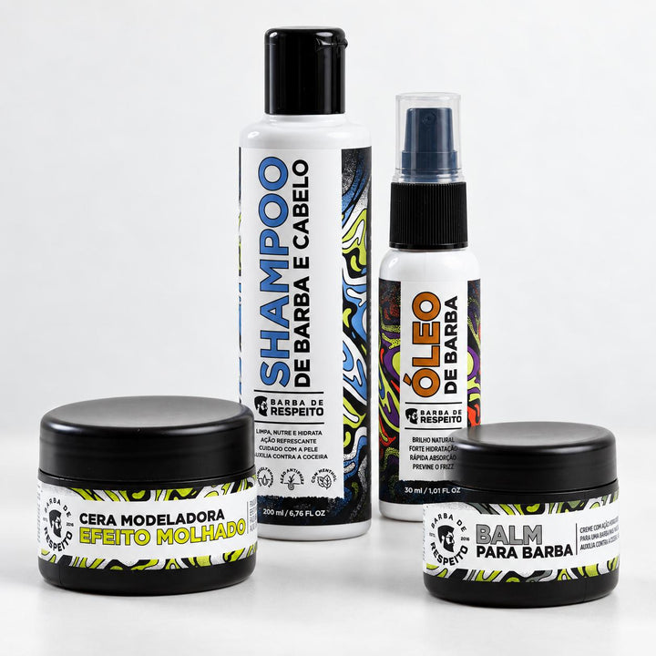 Kit Essencial do Barbudo Moderno - Shampoo 200ml + Óleo 30 ml + Balm 55g + Cera 55g