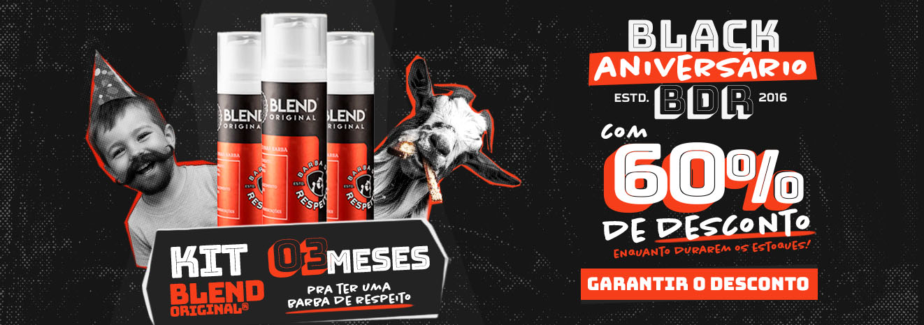Banner promocional da Barba de Respeito com tema “Black Aniversário BRB 2016”. Mostra três frascos do produto Blend Original em destaque, com design em preto e vermelho. À esquerda, um menino com bigode e chapéu de festa; à direita, uma cabra comendo pão. Texto principal destaca: “Kit Blend Original – 03 meses pra ter uma barba de respeito” e “Com 60% de desconto enquanto durarem os estoques”. Botão vermelho no rodapé diz “Garantir o desconto”
