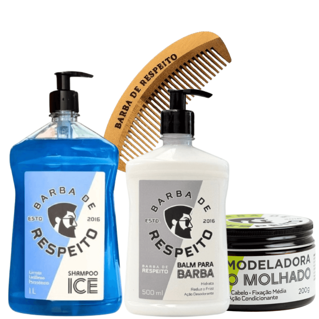 Kit Brasil -  Balm 500 ML + Shampoo para Barba e Cabelo 1 Litro + Cera Para Cabelos + Pente de Madeira - Barba de Respeito