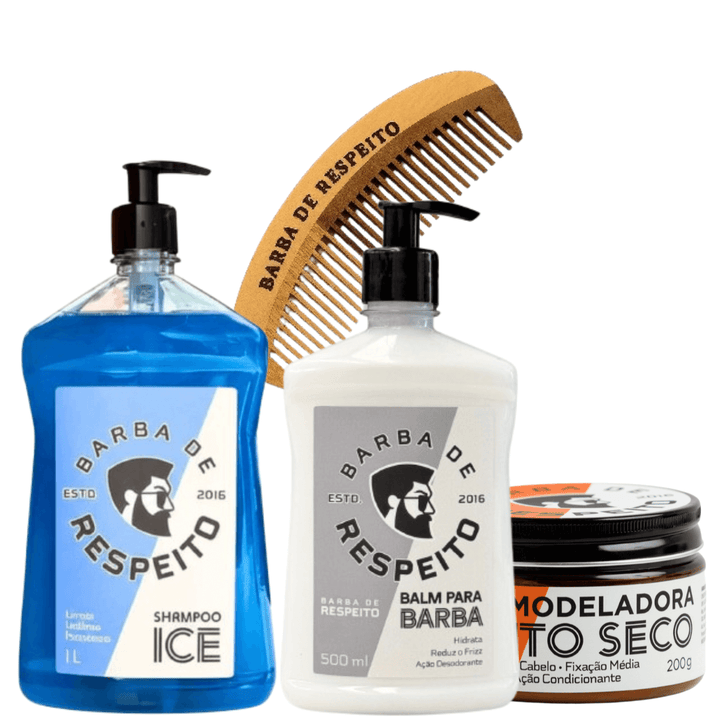 Kit Brasil -  Balm 500 ML + Shampoo para Barba e Cabelo 1 Litro + Cera Para Cabelos + Pente de Madeira - Barba de Respeito