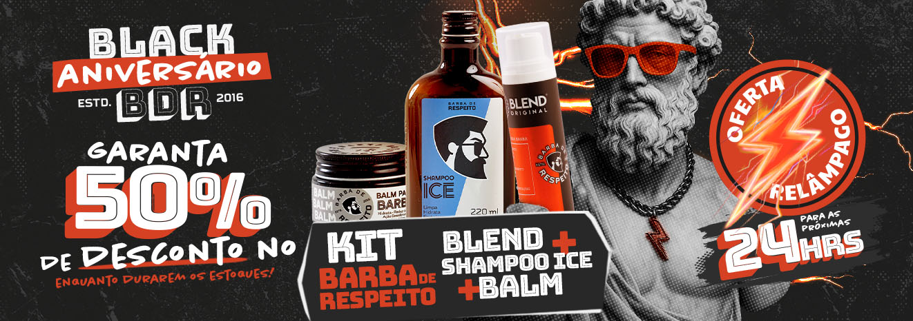 Banner promocional da Barba de Respeito com tema “Black Aniversário BDR 2016”. Em destaque, o Kit Barba de Respeito com Blend Original, Shampoo Ice e Balm. Ao fundo, estátua clássica com óculos vermelhos e raio no pescoço, remetendo ao estilo irreverente da marca. Relâmpagos laranjas iluminam o layout. Texto principal destaca: “50% de desconto no Kit Barba de Respeito” e “Oferta relâmpago por 24 horas”. Estilo visual ousado em preto, branco e vermelho.